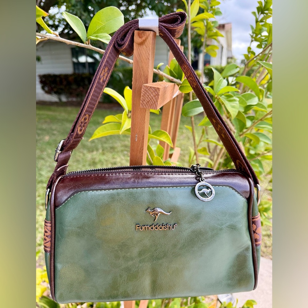 FUMDDAISHU FASHION Soft Leather Crossbody Versatile Boston Bag Green and Brown